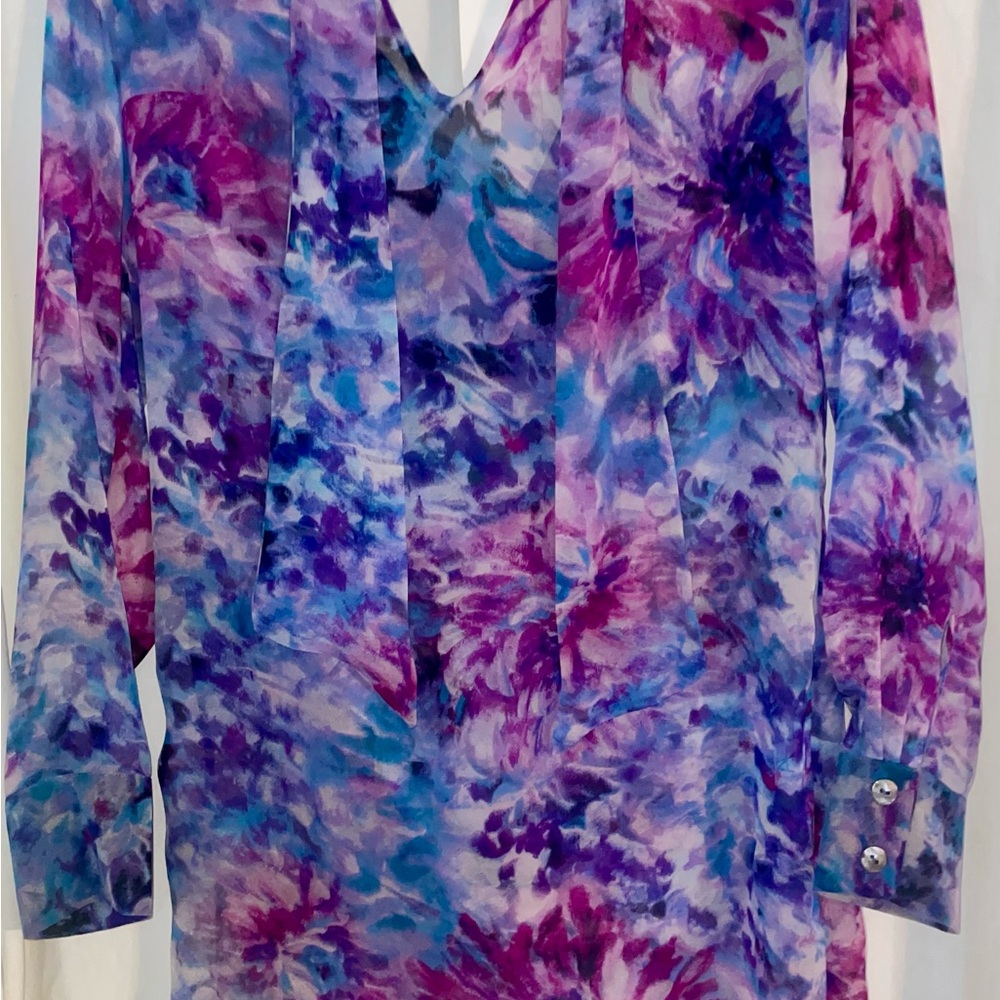Silk Floral Print Dress Shirt With Ties & Cutout In The Back By Abi Ferrin New - Picture 4 of 16